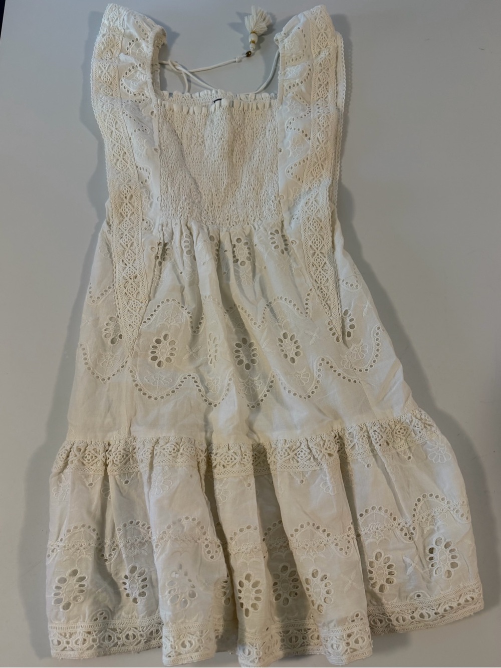 Alicia Bell White Eyelet Lace Smocked Mini Dress Small Boho Tassel Tie